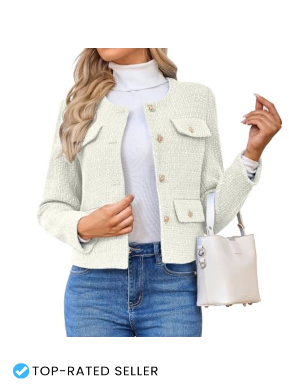 Tweed Blazer Women's Long Sleeve Button Down Business Casual Cropped Jacket